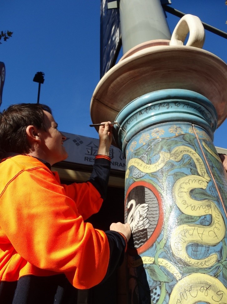 Artlab Australia’s Projects and Objects conservators Abby Maxwell-Bowen, Ian Miles, Justin Gare and Renita Ryan rising to the challenge of street conservation in Adelaide’s Chinatown.