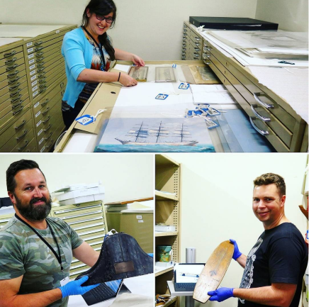 Clockwise: Luci Ronai, Nick Flood and Jeff Fox surveying the National Maritime Collection. Images by N. Flood & L. Ronai.