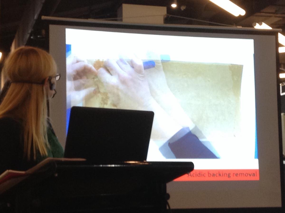 Eliza Penrose presented a talk on paper conservation and included fabulous GoPro videos on complex treatments including this backing removal