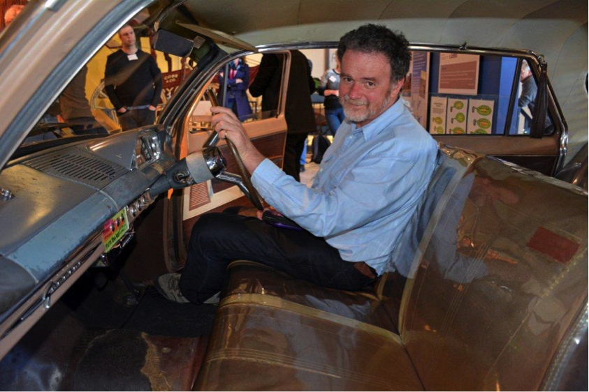 David Hallam testing out an interactive exhibition at Revolutions Transport Museum. The brake system is kept in good condition through frequent visitor use! Photo by Jon Carpenter