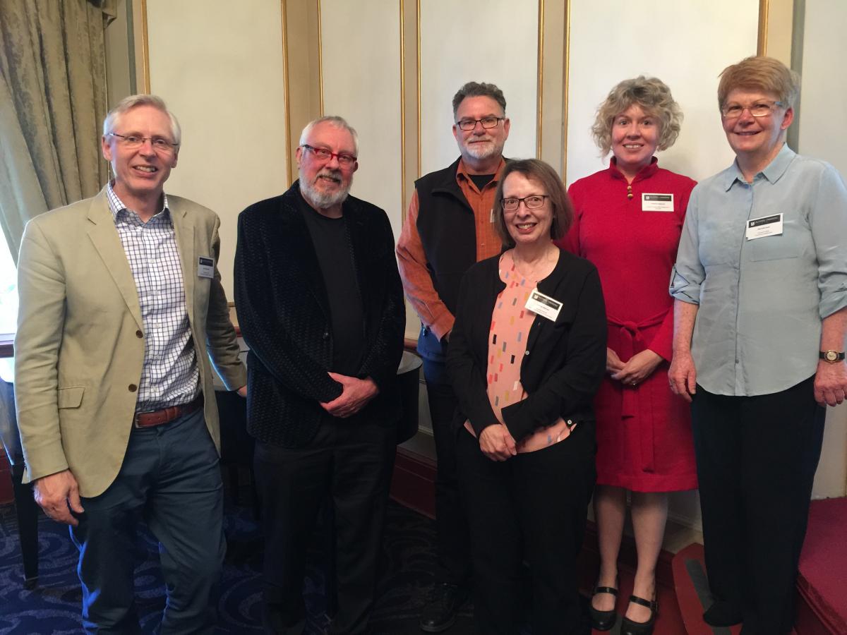The speakers at the Gedenkschrift for Colin Pearson. L - R, Julian Bickersteth, Ian Cook, Kim Morris, Jo Kirby Atkinson, Amanda Pagliarino and Marcelle Scott