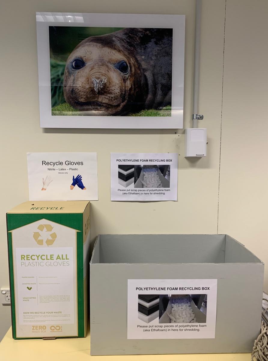 Recycling corner in the ANMM Conservation Lab—gloves and foam!