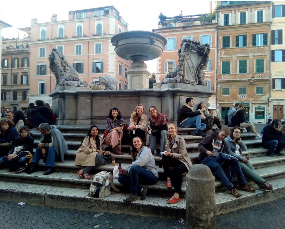 ICCROM interns in Piazza di Santa Maria in Trastevere