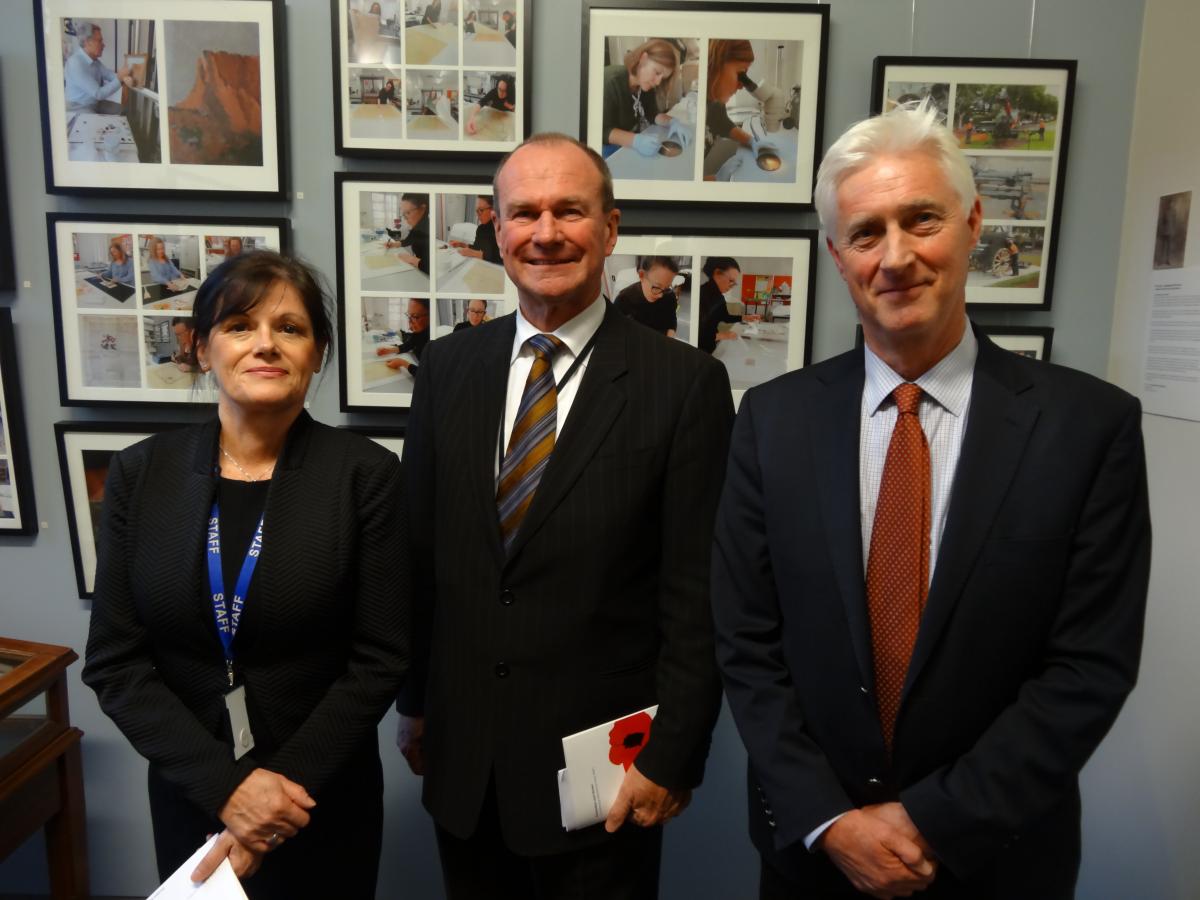L-R: Louise Stack, curator of the exhibition; the Minister of Veteran Affairs, The Honourable Martin Hamilton-Smith; Andrew Durham, Director Artlab Australia