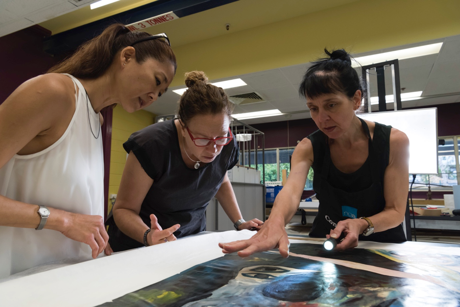 Wise, Kemp and Yee working on Alice with Rabbit and Bird, photo by M.Campbell