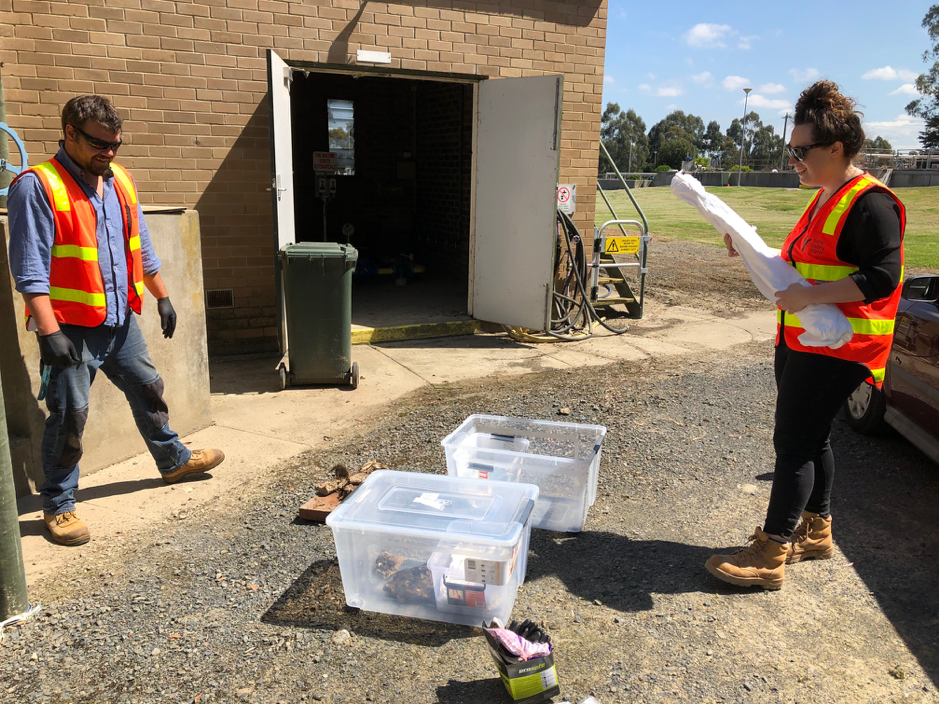 Dani Measday and Robert Kinder set up display environment experiments for pieces of fatberg at the Lilydale Sewerage Treatment Plant. Photo taken by Lizzie McCartney