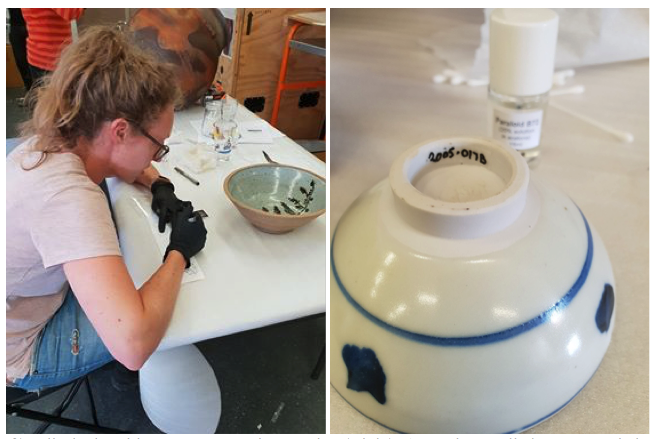 (Left): Elizabeth writing out an accession number (Right): Accession applied on a ceramic bowl.
