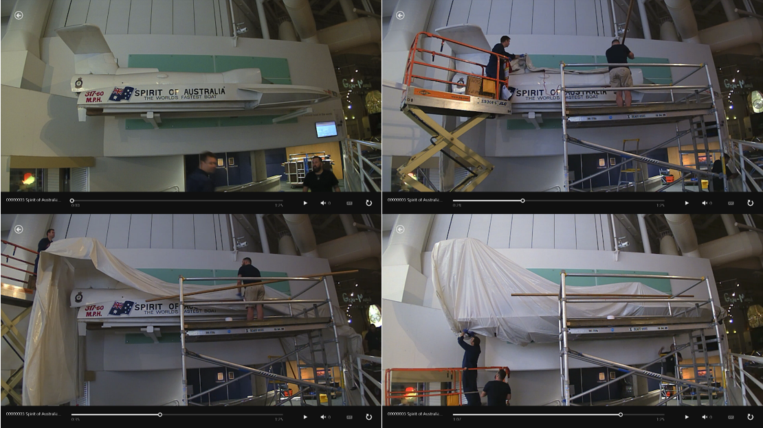 Time lapse stills of Jeff Fox and Nick Flood wrapping the Spirit of Australia. Images by N. Flood & L. Ronai.