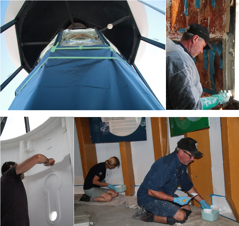 Clockwise: Lighthouse lantern “under protection”; Matt McKinlay applying Peel Away paint stripper to the lantern room cast-iron walls; Teresa and Matt McKinlay painting the Lighthouse base ring; Matt Daaboul cleaning threads after painting. Images by N. Flood.