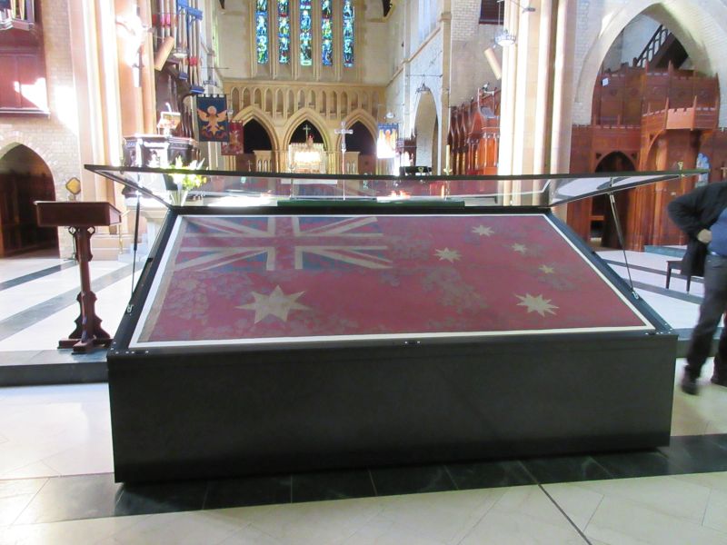 The Birdwood Flag Installed in showcase at Christ Church Cathedral, Newcastle. Image: Skye Firth