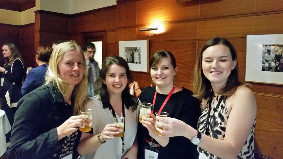 Melbourne Uni painting conservation students enjoying a Pimms and lemonade in the historic members bar at Old Parliament House