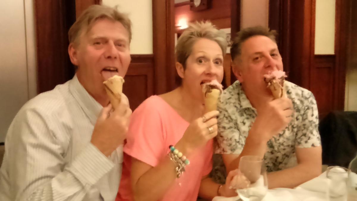 Invited speakers Sarah Cove and Alan Cummings and Artlab’s Eugene Taddeo enjoying a rush of childlike pleasure from handmade ice-cream at the symposium dinner