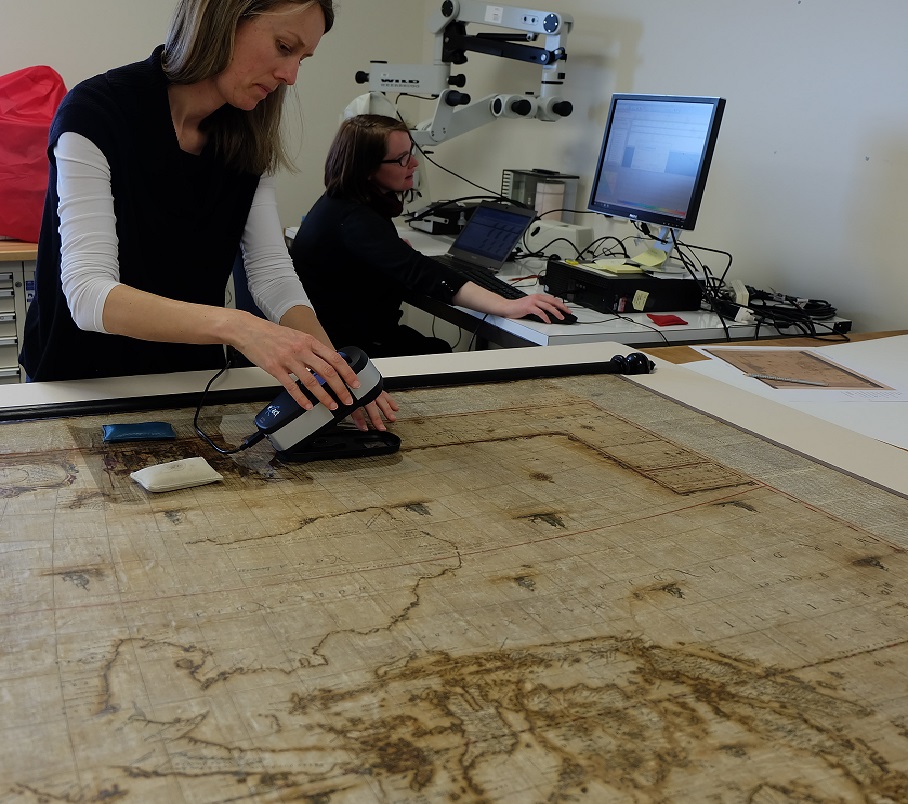 Rachel Sawicki and Melanie Sorenson carefully charted and recorded the various colours on the map using our new spectrophotometer. Image: Freya Merrell