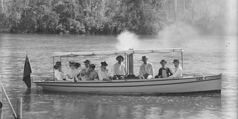 Archival Photograph of 19th Century Boat and passengers on Seymour River 