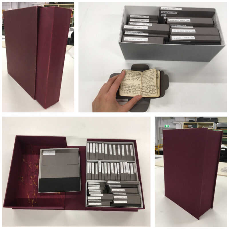 Top left: Miles Franklin’s pocket notebooks were previously housed in a slip case. Top right: the smallest pocket notebook in a new four-flap folder. Bottom left: the pocket notebooks housed in trays within a clamshell box. Bottom right: Miles Franklin’s pocket notebooks in a new clamshell box.