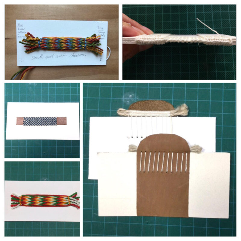 Examples of endbands made by the ‘Endbandits’. Top left and bottom left: Southeast Asian chevron endband. Mid left: chessboard-pattern endband. Top right: Coptic headband. Bottom right: plain wound double headband. Images collated by Hoa Huynh.
