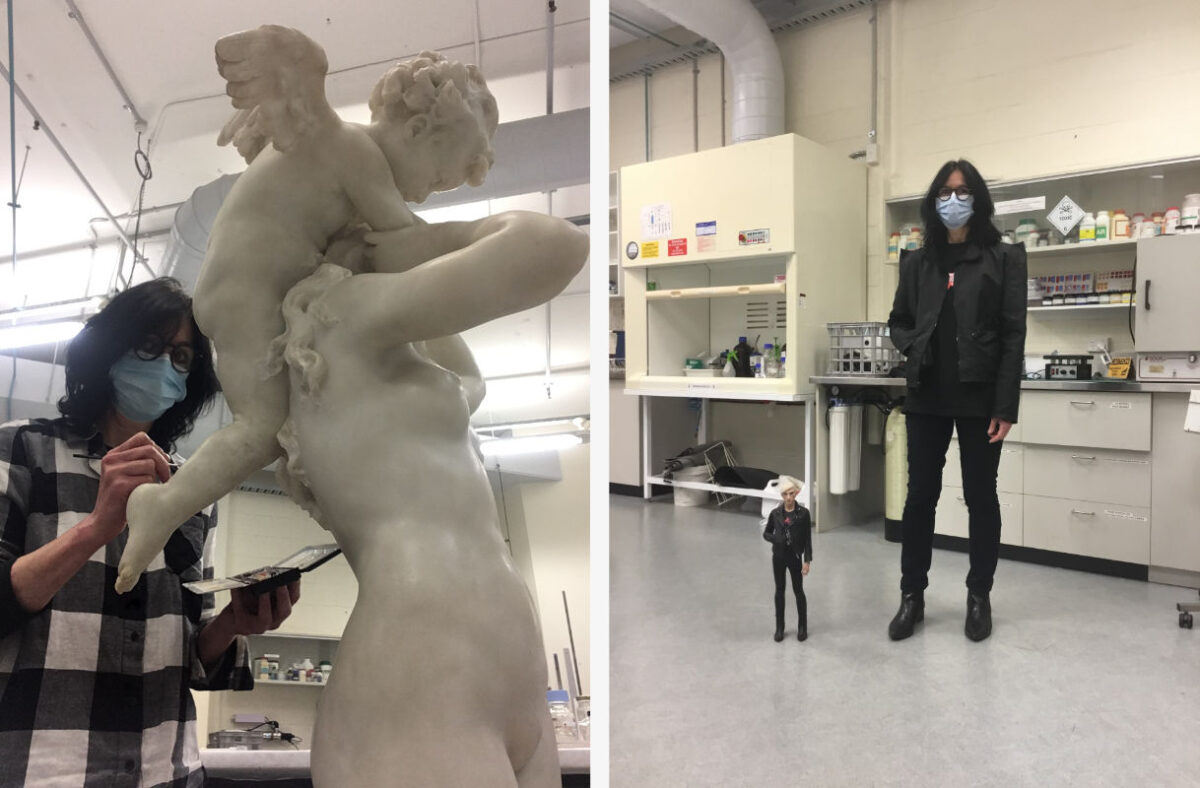 Marika with works by sculptors Donato Barcaglia and Tomoaki Suzuki.