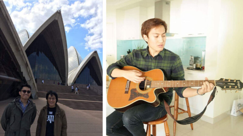 two images left to right. One of two men infront of Sydney Opera House. The other a young man playing guitar