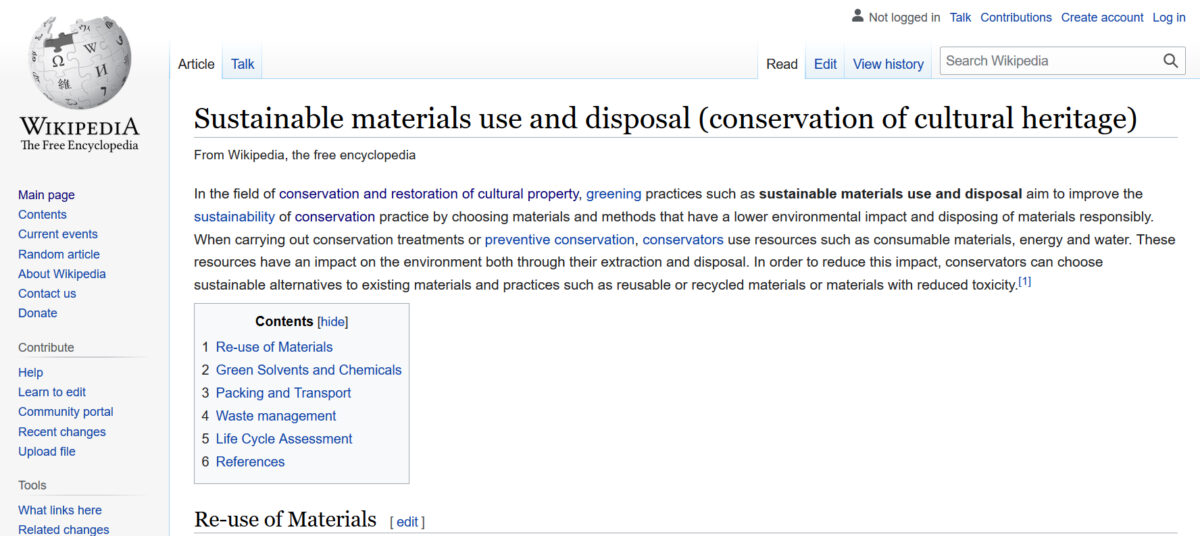 screenshot of wikipedia page for Sustainable materials use and disposal (conservation of cultural heritage)