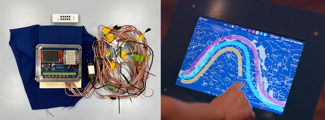 Left: Circuit board with wires and power adaptor, which interact with iPads as part of Stargazing Map (H2021.93/1-3, State Library Victoria). Image credit: Jessye Wdowin-McGregor. Right: Still from instructional video showing interaction between viewer with iPad, which formed part of the installation. Image credit: Jim Arneman.
