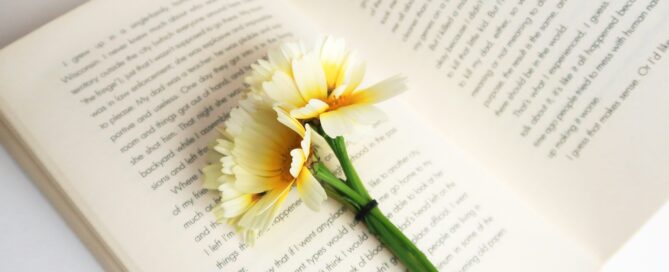 white flower laying on book